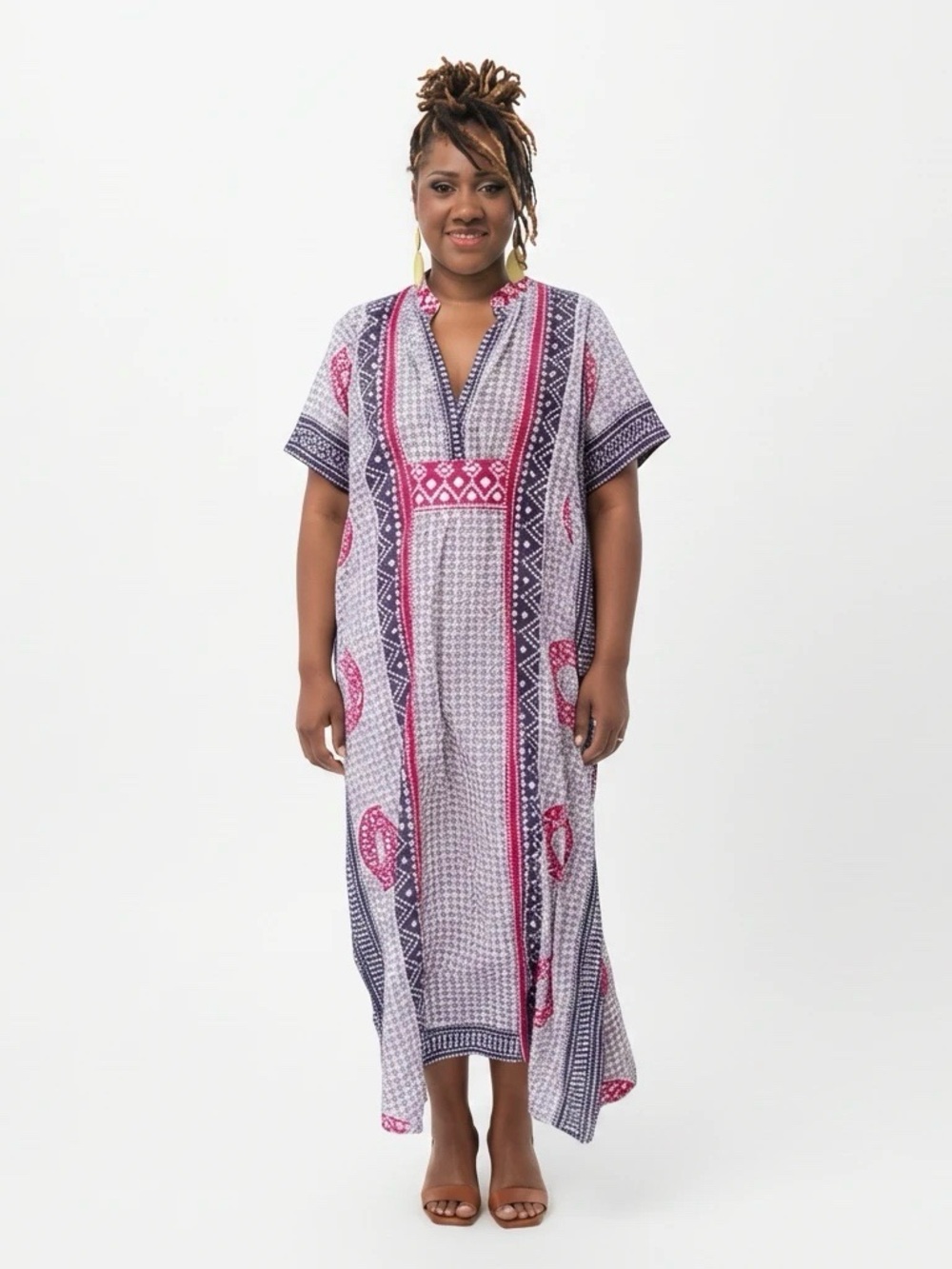 Women's Pink & Navy Printed Caftan Swim Cover-Up